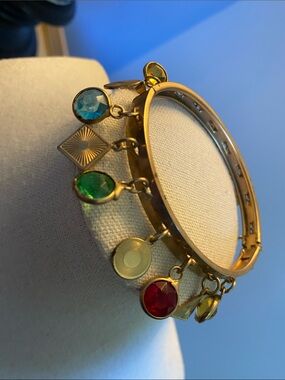 Very Vintage Gold-Tone Hinged Bangle Bracelet with Crystal Charms